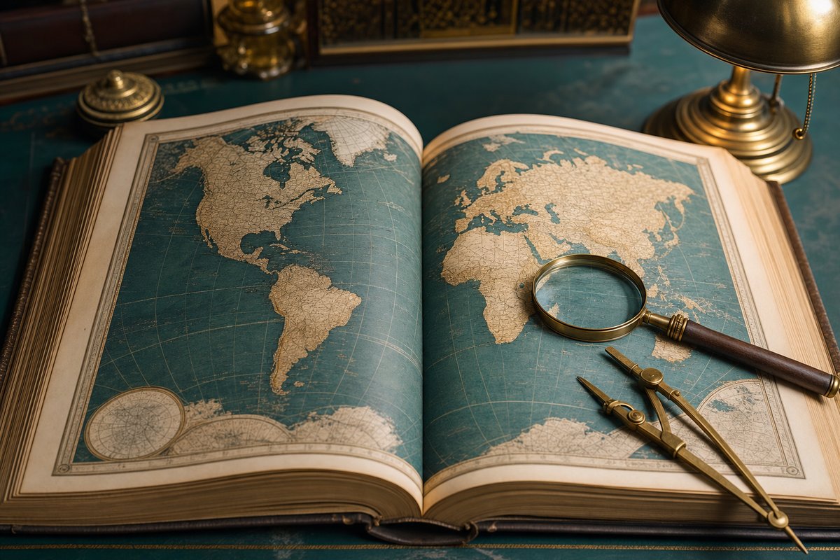 Antique world atlas open on a teal desk with a brass drafting compass and magnifying glass