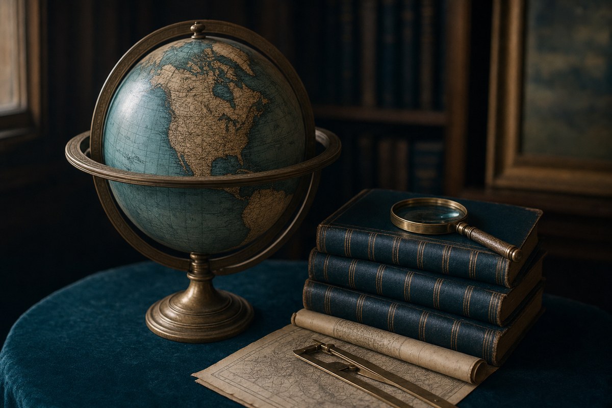 Antique library globe turned to North America beside teal leather statute volumes and a brass magnifier