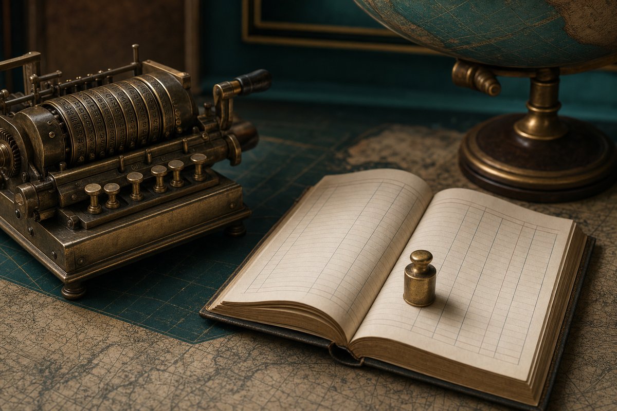 Vintage brass calculating machine beside an open accounting ledger with a brass scale weight