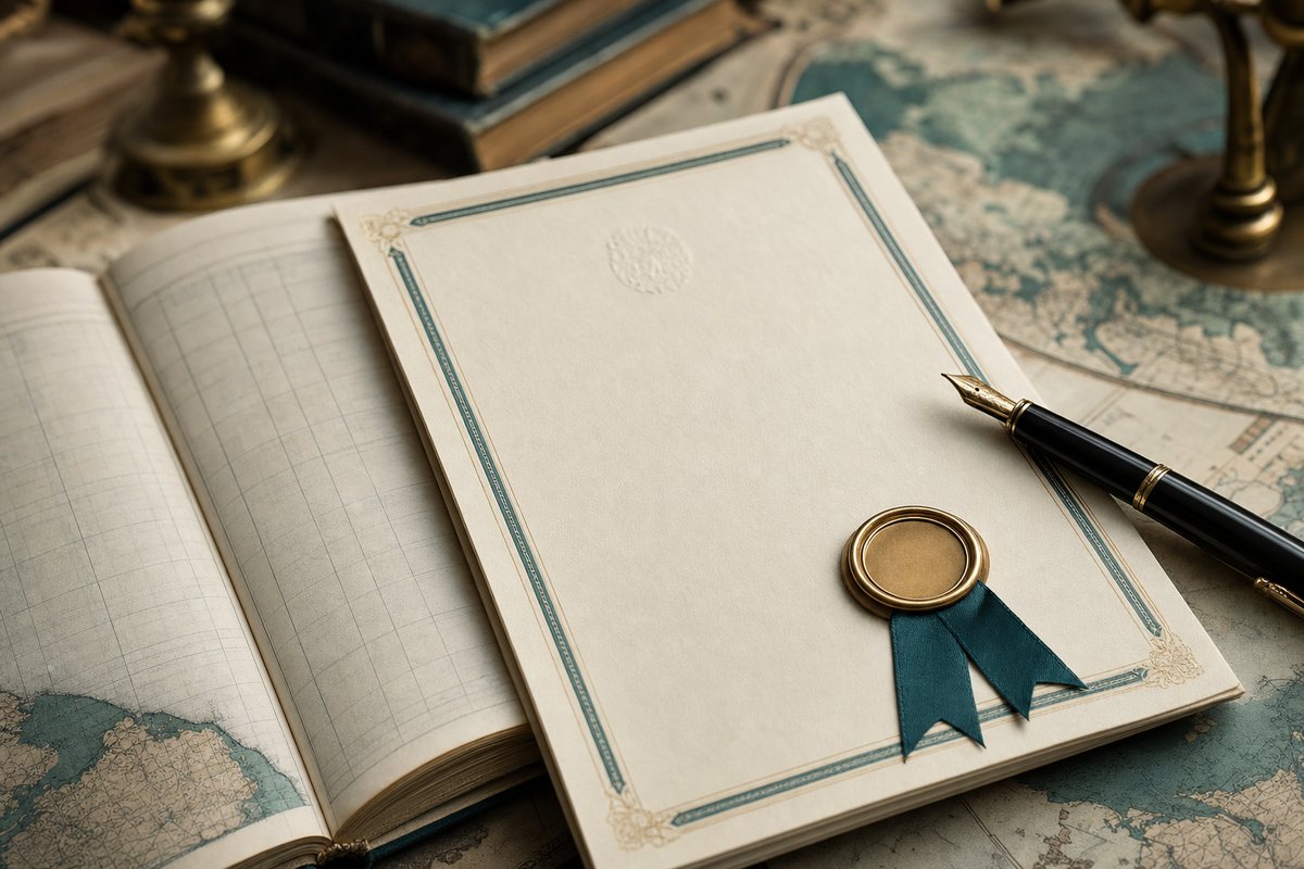 Formal licence document with a wax seal and teal ribbon beside a fountain pen