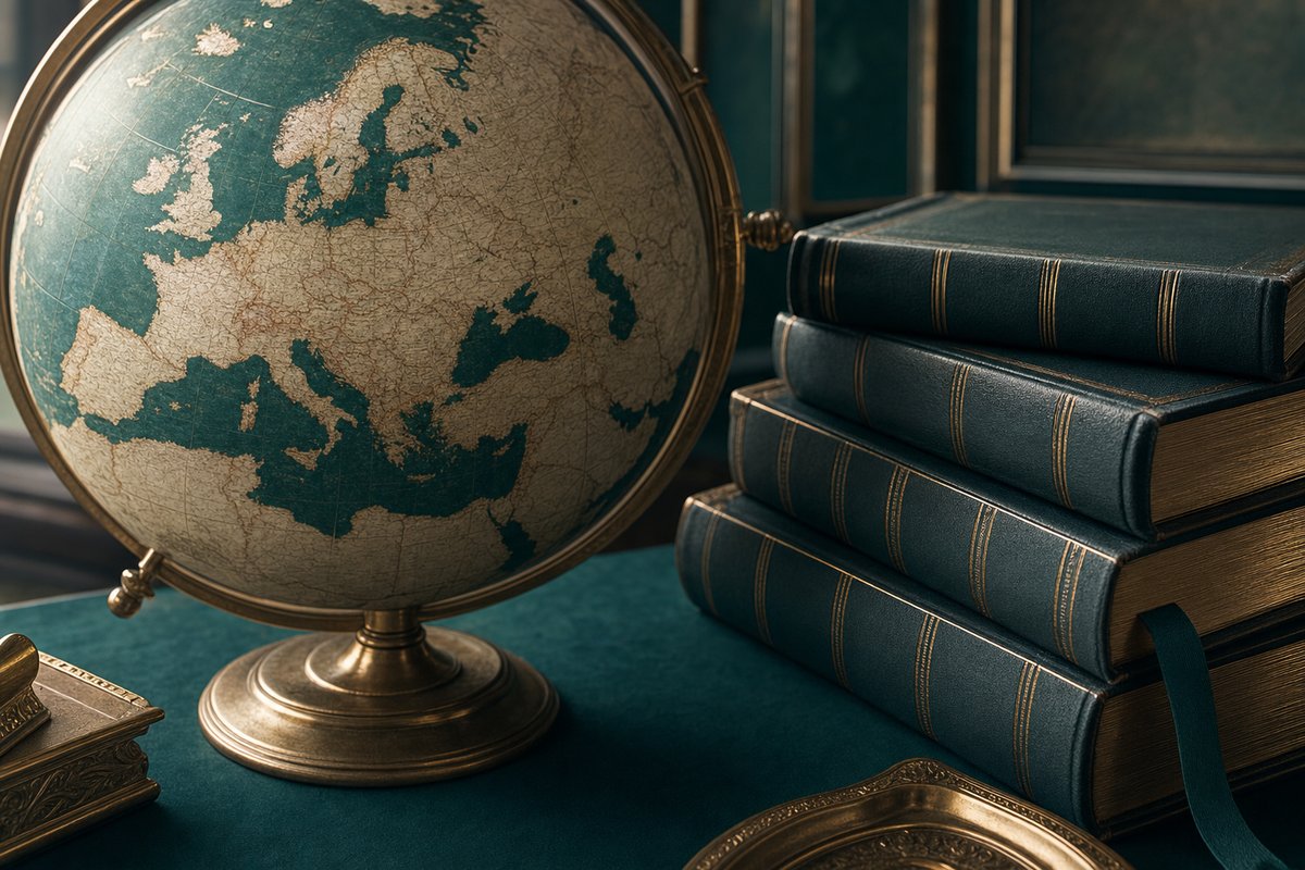 Vintage globe focused on Europe beside a stack of legal statute books