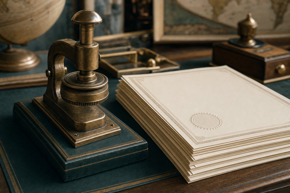 Brass embossing seal press beside a stack of formal certificate papers