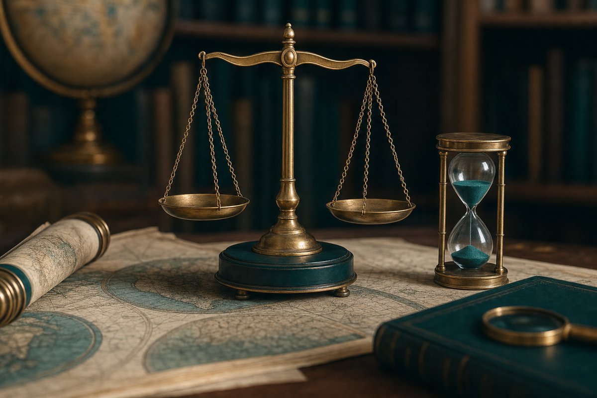 Brass balance scale in equilibrium beside an hourglass with teal sand